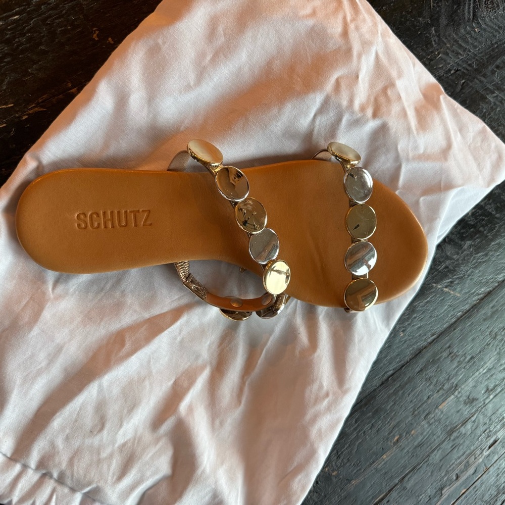 SCHUTZ Tan Leather Slide Sandals with Silver Disc Accents